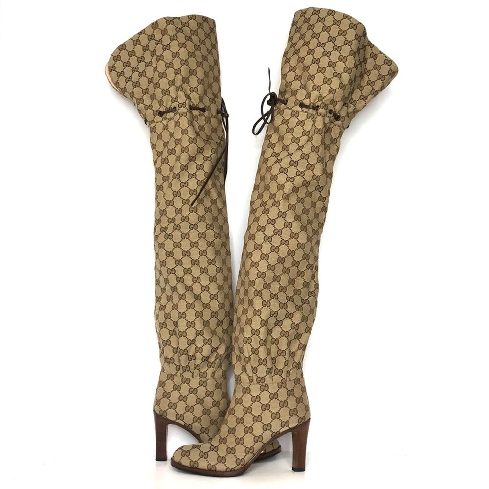 Gucci Thigh High GG Monogram Slouch Heeled Boots 37 - Picture 2 of 9